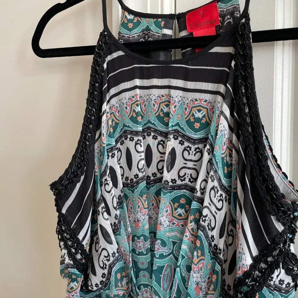 V Cristina Sleeveless Maxi Dress High Neck Pleated Crochet Beaded Trim - SZ L - Picture 2 of 7